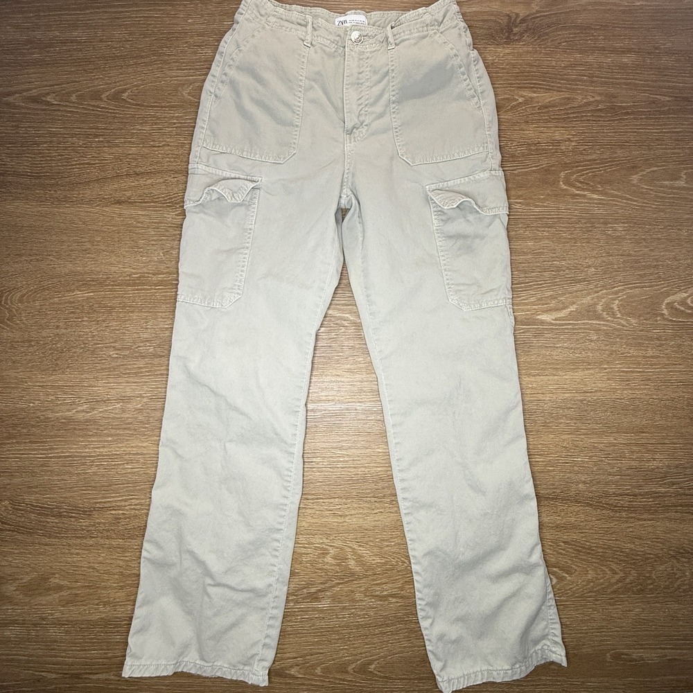 Zara Cargo Pants Womens Size 4 Beige Utility Straight Leg Casual Cotton